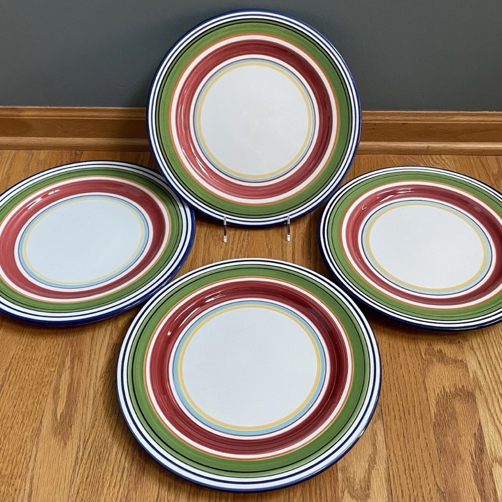 Pottery Barn Espadrille Stripe 12.5” Dinner Plates Rare find Vintage EUC 💖